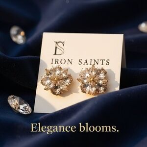 Iron Saints Cubic Zirconia Crystal Flower Gold-Tone Stud Earrings - Brand New